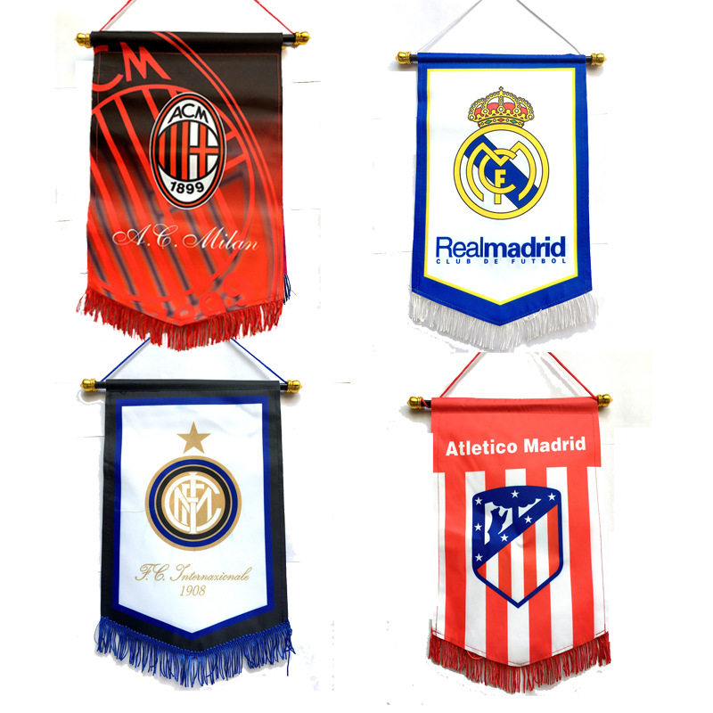 Football club hanging flags for AC Milan, Real Madrid, Inter Milan, Atletico Madrid, collectible wall decor, Exit7 Bangladesh