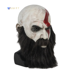 Kratos cosplay helmet with bald design, red facial tattoo, and realistic black beard, suitable for collectors and cosplay