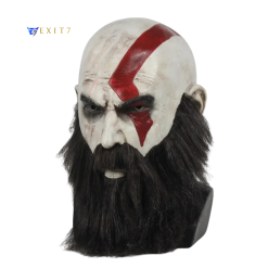 Kratos cosplay helmet with bald design, red facial tattoo, and realistic black beard, suitable for collectors and cosplay